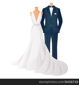 Wedding bride dress, groom suit on couple mannequins for bridal shop. Brides, grooms fit clothes showroom. Wedding day accessories, decorations. Celebrate marriage, save the date ceremony. Vector