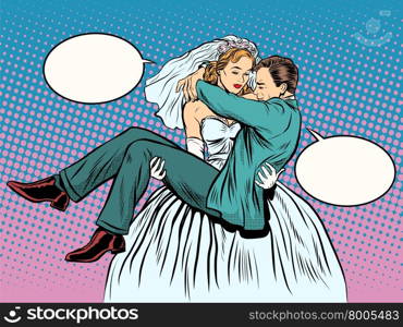 Wedding bride groom carries in her arms pop art retro style. Emancipation modern woman feminine power. Funny love relationship marriage. The role of men and role of women.. Wedding bride groom carries in her arms