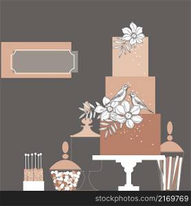 Wedding cake and candy bar. Vector illustration.. Dessert bar with cake. Vector illustration.