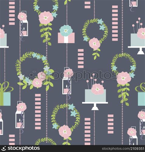 Wedding cake and flowers. Vector seamless pattern.. Wedding dessert bar with cake. Vector pattern