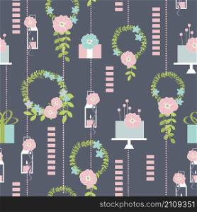 Wedding cake and flowers. Vector seamless pattern.. Wedding dessert bar with cake. Vector pattern