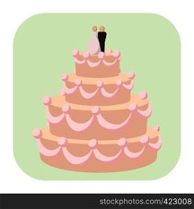 Wedding cake cartoon icon. A stylish wedding cake decorated with flowers and a bride and groom cake topper.. Wedding cake cartoon icon