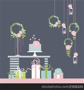 Wedding cake on table. Flowers and gifts. Vector illustration.. Wedding cake on table.