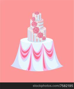Wedding cake on table with tablecloth, catering vector. Cream flowers, roses and sakura blossom, festive furniture, marriage ceremony food or dessert. Wedding Cake on Table with Tablecloth, Catering