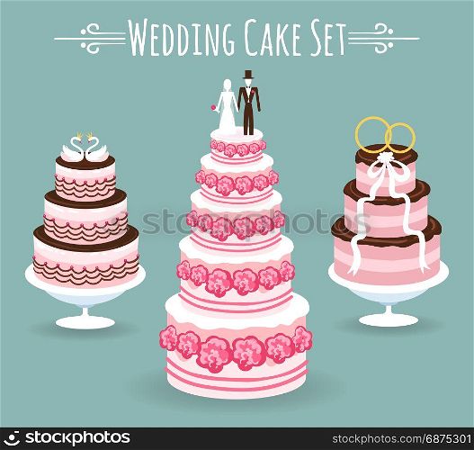 Wedding cake set. Wedding cake set on blue background. Delicious bridal dessert with married couple and swans, gold rings and ribbon vector illustration
