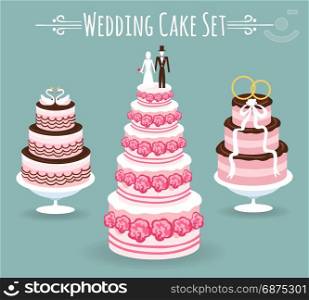 Wedding cake set. Wedding cake set on blue background. Delicious bridal dessert with married couple and swans, gold rings and ribbon vector illustration