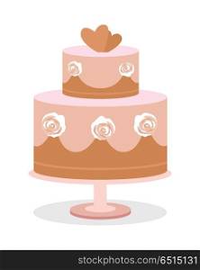 Wedding cake vector illustration. Flat design. Two tier chocolate cake with roses on side and hearts on top. Dessert at wedding ceremony. For greeting, invitation cards design. On white background. Wedding Cake Vector Illustration in Flat Design. Wedding Cake Vector Illustration in Flat Design