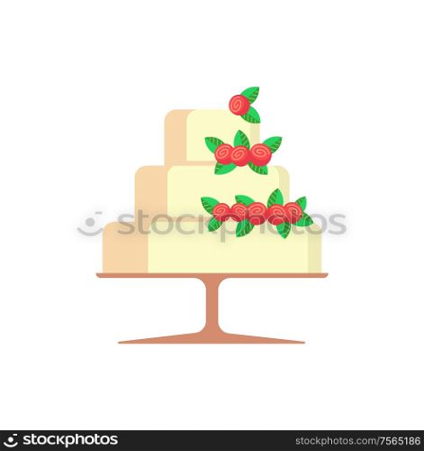 Wedding cake with strawberries and leaves vector. Berries delicious sweets isolated icon, pastry with glazed layers, topping made of sugar sugary food. Wedding Cake with Strawberries Berries Isolated