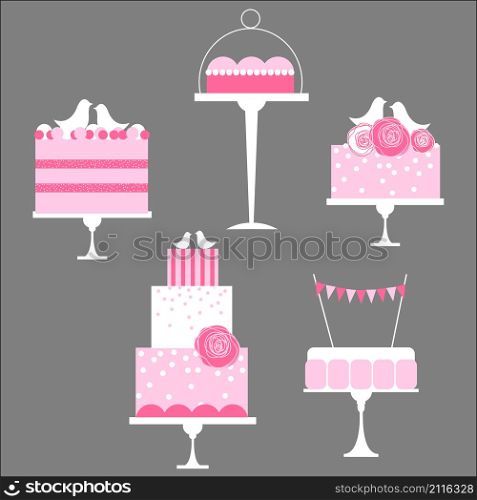 Wedding cakes. Dessert table. Pink colors. Vector illustration.. Wedding dessert bar with cake. Vector illustration.