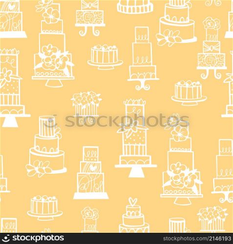 Wedding cakes. Dessert table. Vector seamless pattern.. Wedding dessert bar with cake. Vector pattern