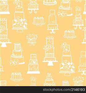 Wedding cakes. Dessert table. Vector seamless pattern.. Wedding dessert bar with cake. Vector pattern