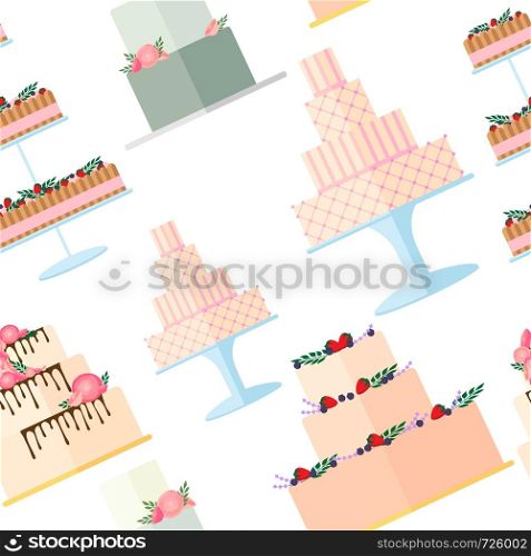 Wedding cakes seamless pattern on white background. Wedding pie wallpaper. Vector illustration. Wedding cakes seamless pattern on white background.