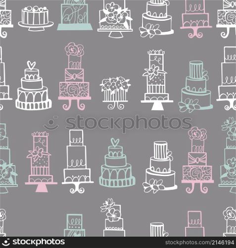 Wedding cakes. Vector seamless pattern.. Wedding cakes. Dessert table.
