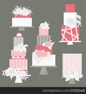 Wedding cakes with flowers. Vector illustration.. Wedding cakes. Vector illustration.