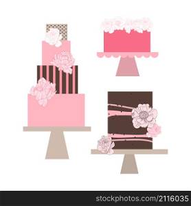 Wedding cakes with peonies. Vector illustration.
