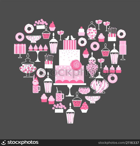 Wedding candy bar in the shape of heart. Dessert table. Vector illustration.. Wedding dessert bar with cake. Vector illustration.