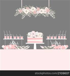 Wedding candy bar with cake and flowers. Dessert table. Vector illustration.. Wedding dessert bar with cake. Sweet table. Candy Buffet. Vector illustration.