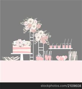 Wedding candy bar with cake and flowers. Dessert table. Vector illustration.. Wedding candy bar with cake and flowers.