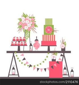 Wedding candy bar with cake and flowers. Dessert table. Vector illustration.. Wedding dessert bar with cake. Vector illustration.