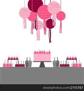 Wedding candy bar with cake and flowers. Dessert table. Vector illustration.