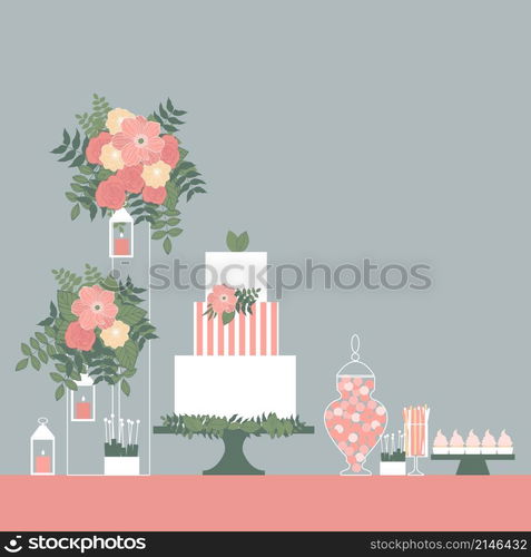 Wedding candy bar with cake and flowers. Dessert table. Vector illustration.. Wedding dessert bar with cake. Vector illustration.