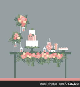 Wedding candy bar with cake and flowers. Dessert table. Vector illustration.. Wedding dessert bar with cake. Vector illustration.