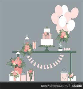 Wedding candy bar with cake and flowers. Dessert table. Vector illustration.