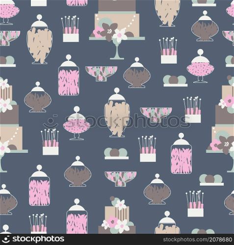 Wedding candy bar with cake and flowers. Dessert table. Vector seamless pattern