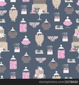 Wedding candy bar with cake and flowers. Dessert table. Vector seamless pattern