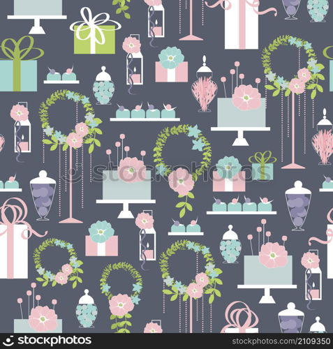 Wedding candy bar with cake and flowers. Dessert table. Vector seamless pattern.. Wedding dessert bar with cake. Vector pattern