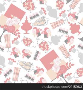 Wedding candy bar with cake and flowers. Dessert table. Vector seamless pattern.. Wedding dessert bar with cake. Vector pattern