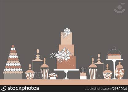 Wedding candy bar with cake and macaroons. Dessert table. Vector illustration.. Dessert bar with cake. Vector illustration.