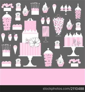 Wedding candy bar with cake. Dessert table. Vector background. Wedding dessert bar with cake. Vector illustration.