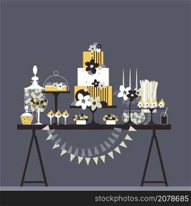 Wedding candy bar with cake. Dessert table. Vector illustration.. Wedding dessert bar with cake. Vector illustration.