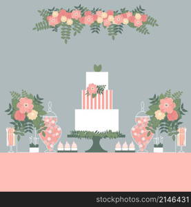 Wedding candy bar with cake . Dessert table. Vector illustration. Wedding dessert bar with cake. Vector illustration.