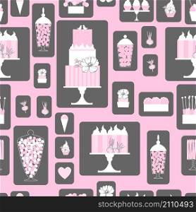 Wedding candy bar with cake. Dessert table. Vector seamless pattern.. Wedding dessert bar with cake. Vector pattern