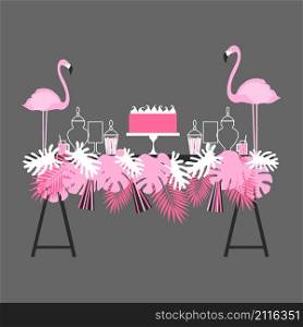 Wedding candy bar with cake. Tropical style with flamingos. Dessert table. Vector illustration.. Wedding dessert bar with cake. Vector illustration.