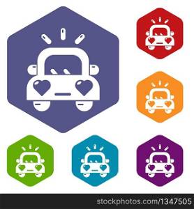 Wedding car icons vector colorful hexahedron set collection isolated on white. Wedding car icons vector hexahedron