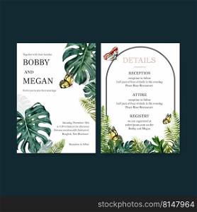 Wedding card design with simple tropical theme, butterfly with foliage vector illustration.
