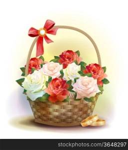 Wedding card. Rings and wicker basket with roses.