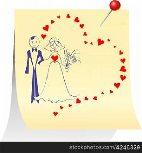 Wedding card: Sketch a picture with the bride and groom on a sheet pinned clerical pin