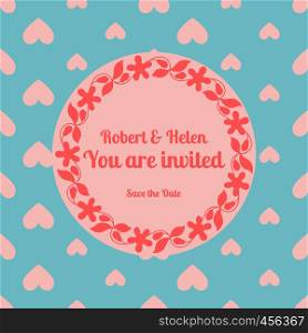 Wedding card template decorated cute pattern with floral frame. Vector illustration. Wedding card template decorated
