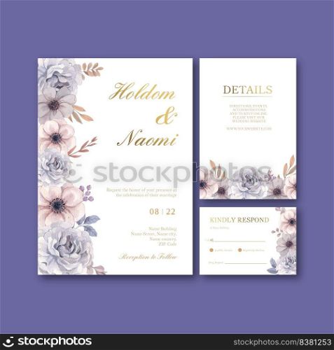 Wedding card template with floral feather boho concept,watercolor style 