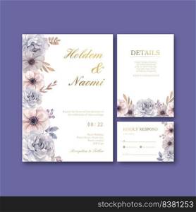 Wedding card template with floral feather boho concept,watercolor style 