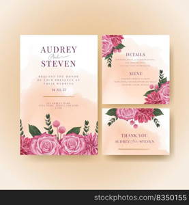 Wedding card template with muave red floral concept,watercolor style 