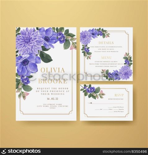 Wedding card template with muave red floral concept,watercolor style 