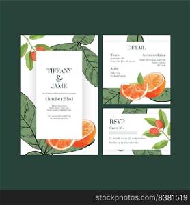 Wedding card template with orange grapefruit concept,watercolor
