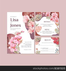 Wedding card template with orchid flower with boho concept,watercolor style
