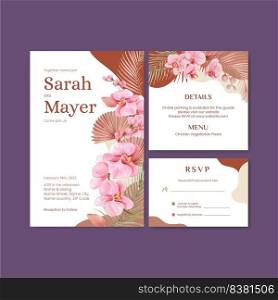 Wedding card template with orchid flower with boho concept,watercolor style 