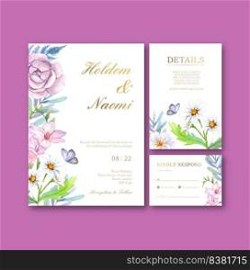 Wedding card template with peri spring flower concept,watercolor style
